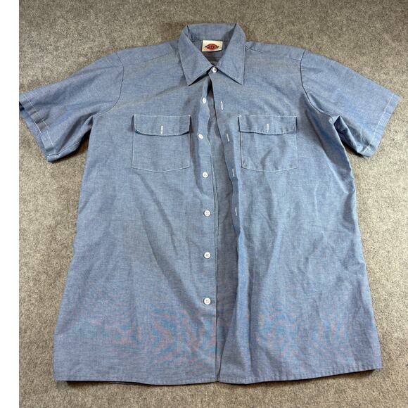 Vintage 90s Dickies Chambray Button Up Shirt Mens L Blue Short Sleeve Utility - Picture 1 of 5